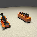 Two Black Cannons With Wooden Bases Placed On Light Colored Surface 3d model
