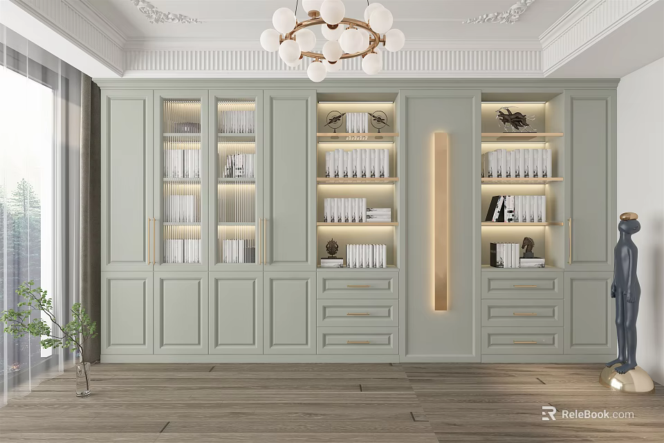 Light Green Modern Bookcase With Multiple Compartments Drawers And Built In Lighting 3d model