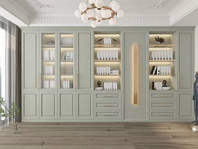 Light Green Modern Bookcase With Multiple Compartments Drawers And Built In Lighting 3d model