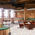 Modern Restaurant Interior With Wooden Walls Green Seats Round Tables And Pendant Lights
