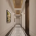 Elegant Luxury Modern Hotel Corridor With Tiled Floor Green Plants And Wall Art Decorations