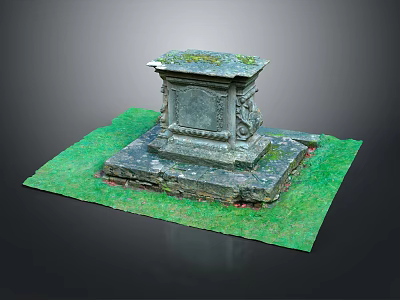 Decorative Stone Pedestal With Moss Covered Top And Carved Details On Green Grass 3d model