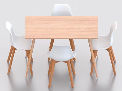 Simple Wooden Dining Table Set With White Chairs And Wooden Legs 3d model