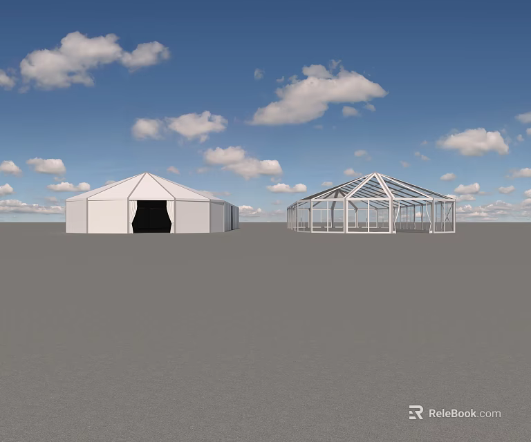 White Canvas Tent With Black Entrance And Transparent Frame Tent Under Blue Sky With Clouds 3d model 
