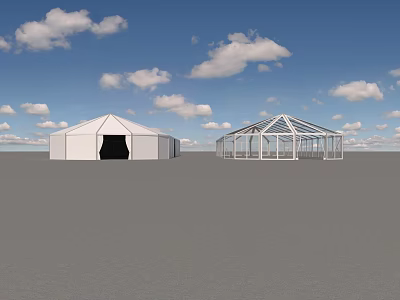 White Canvas Tent With Black Entrance And Transparent Frame Tent Under Blue Sky With Clouds 3d model