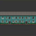 Green Building Featuring Gray Roof Multiple Windows Red Doors and Green Base Reflection