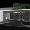 Modern Architectural Space With Tall Tree Stone Walls And Circular Ground Design 3d model