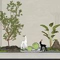 Miniature Garden Scene with Green Tree Large Leaf Plant Deer Goat Figurines Rocks Moss Pebbles