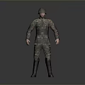Man in Camouflage Military Uniform Wearing Military Helmet Standing Against Gray Background