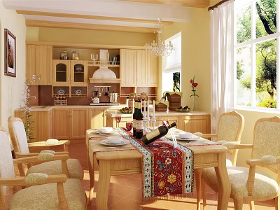 Bright Restaurant Interior With Wooden Cabinets Dining Table Colorful Tablecloth Wine Bottles Chandelier And Large Windows 3d model