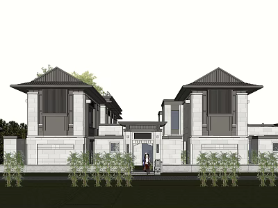 Chinese Style Semi-detached Villa With Symmetric Design Gray Roof And Front Green Plants 3d model