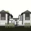 Chinese Style Semi-detached Villa With Symmetric Design Gray Roof And Front Green Plants