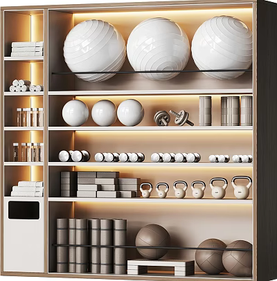 Organized Sports Equipment Storage with Brightly Lit Shelves Holding Exercise Balls Dumbbells Kettlebells Weight Plates 3d model