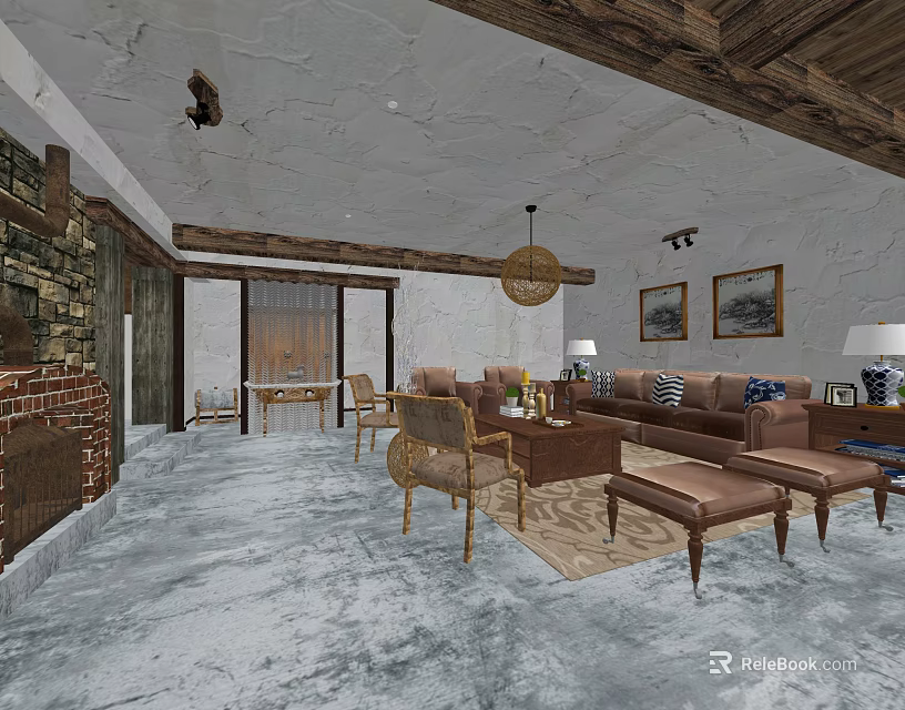 Modern Living Room Interior With Wooden Ceiling Brick Wall Sofa Coffee Table And Rug 3d model 