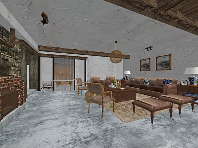 Modern Living Room Interior With Wooden Ceiling Brick Wall Sofa Coffee Table And Rug 3d model