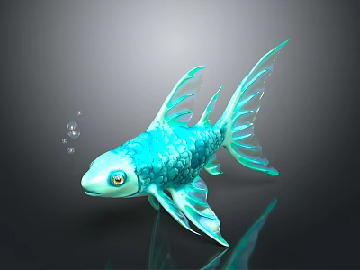 Turquoise Fish with Shiny Scales Transparent Fins and Bubbles on Dark Background 3d model