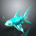 Turquoise Fish with Shiny Scales Transparent Fins and Bubbles on Dark Background