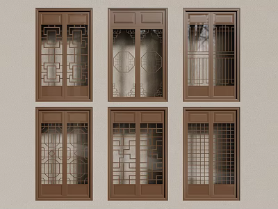 Various Traditional Chinese Lattice Windows With Brown Frames And Unique Designs On Wall 3d model
