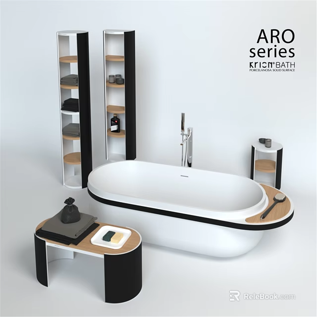 Modern Freestanding White Bathtub with Black Accent Shelves Side Table and Bathroom Accessories 3d model 