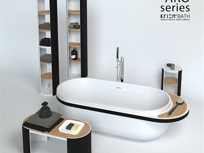 Modern Freestanding White Bathtub with Black Accent Shelves Side Table and Bathroom Accessories 3d model