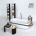 Modern Freestanding White Bathtub with Black Accent Shelves Side Table and Bathroom Accessories