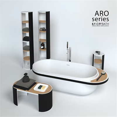 Modern Freestanding White Bathtub with Black Accent Shelves Side Table and Bathroom Accessories 3d model