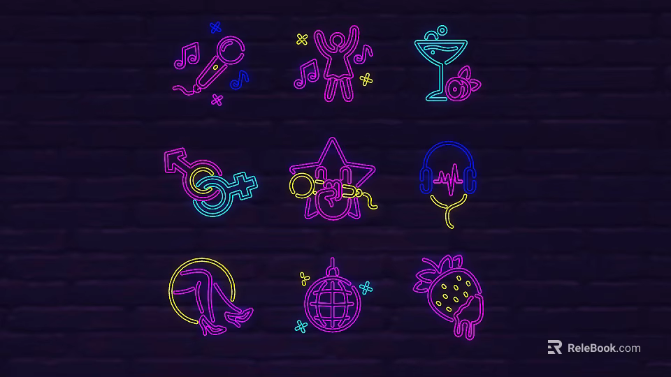 Neon Decorative Lights with Various Icon Designs Disco Ball Microphone Vibrant Glow on Dark Background 3d model 