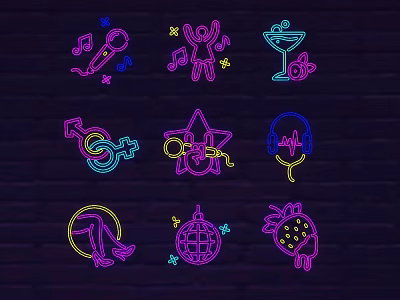 Neon Decorative Lights with Various Icon Designs Disco Ball Microphone Vibrant Glow on Dark Background 3d model