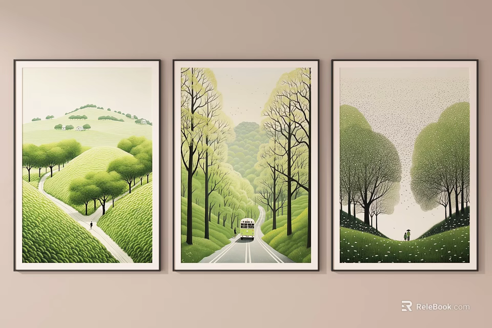 Tranquil Green Landscape Paintings Featuring Rolling Hills Trees Paths And Figures 3d model