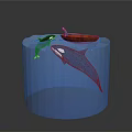 Orca and Whale Swimming in Blue Cylinder Tank with Red Boat on Water Surface