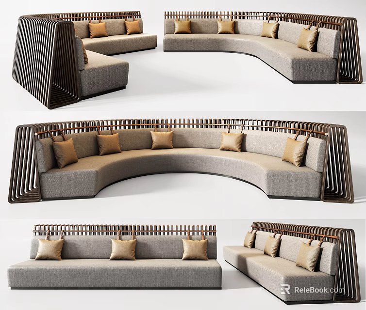 Modern Sectional Sofa Set With Curved Design Wooden Armrests Light Gray Fabric And Cushions 3d model 