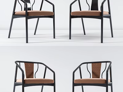 Modern Dining Chairs With Black Metal Frame Brown Cushioned Seat And Stylish Armrest Design 3d model