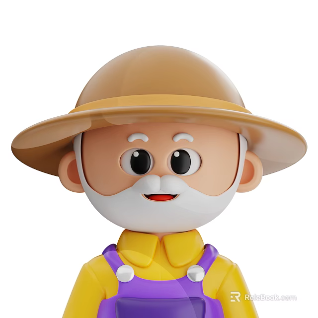 Cartoon Man Wearing Brown Wide Brimmed Hat White Beard And Yellow Outfit With Purple Straps 3d model 