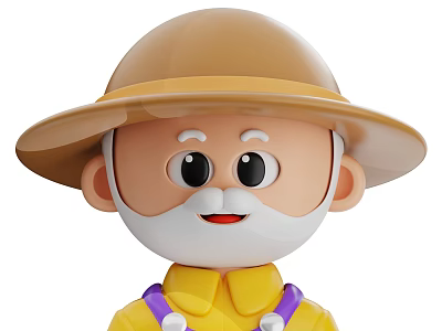 Cartoon Man Wearing Brown Wide Brimmed Hat White Beard And Yellow Outfit With Purple Straps 3d model
