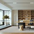 Modern Study Room Interior Design With Large Bookshelf Wooden Desk And Comfortable Chair