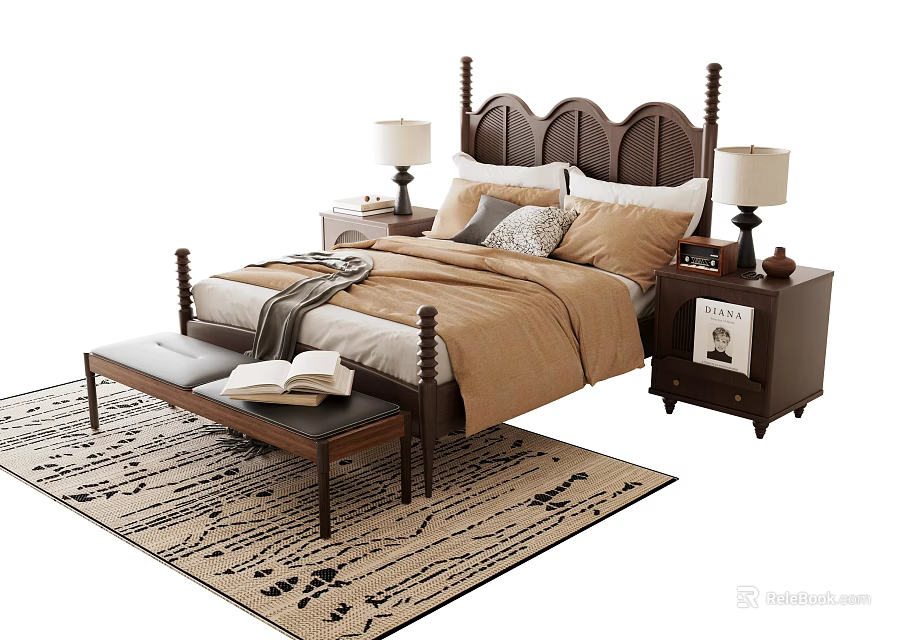 Double Bed With Dark Wood Carved Headboard Beige Bedding Nightstands Bench And Patterned Rug 3d model 
