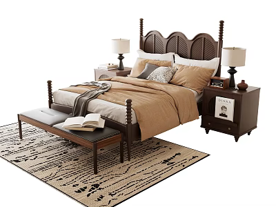 Double Bed With Dark Wood Carved Headboard Beige Bedding Nightstands Bench And Patterned Rug 3d model