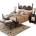 Double Bed With Dark Wood Carved Headboard Beige Bedding Nightstands Bench And Patterned Rug