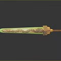 Ornate Green And Gold Sword With Intricate Carvings On Blade And Yellow Brown Hilt