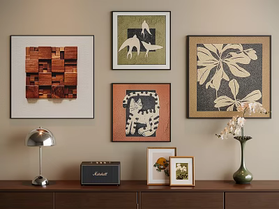 Abstract Paintings Wall Display With Wooden Cabinet Table Lamp Radio And Vase 3d model