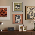 Abstract Paintings Wall Display With Wooden Cabinet Table Lamp Radio And Vase