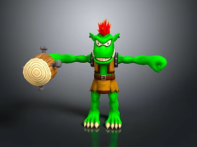 Green Game Movie Character With Red Spiky Hair Holding Wooden Mallet And Brown Apron 3d model