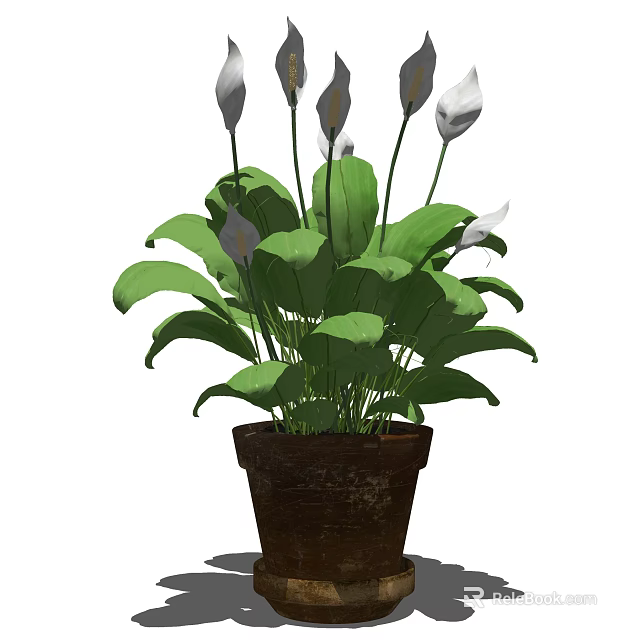 Bonsai Potted Plant with Green Leaves and White Flowers in Brown Pot 3d model 