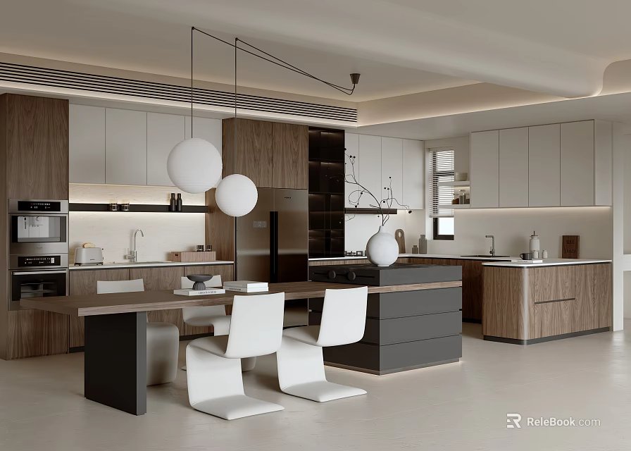 Modern Kitchen Interior Design With Island Wooden Cabinets White Chairs And Pendant Lights 3d model 