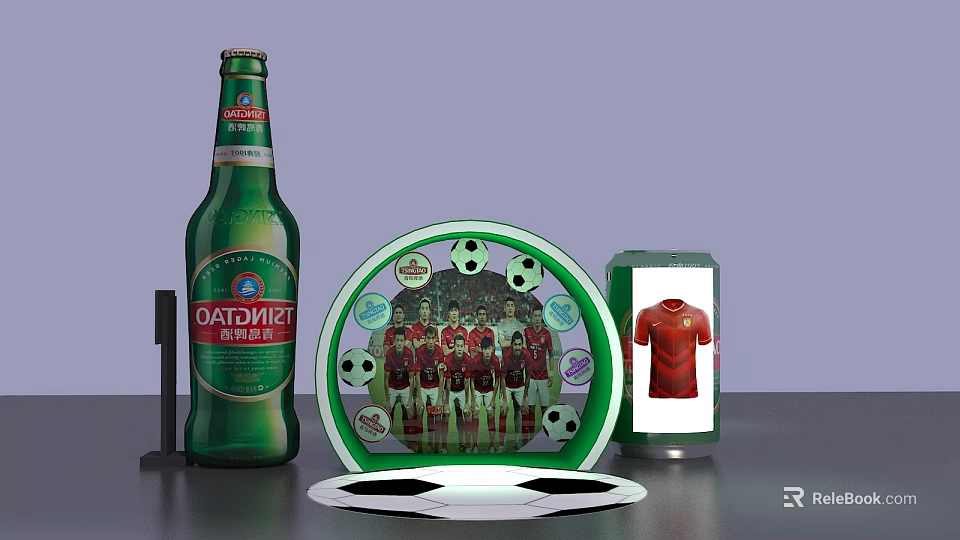 Football Themed Photo Spot with Tsingtao Beer Bottle Team Photo Display And Red Jersey 3d model 