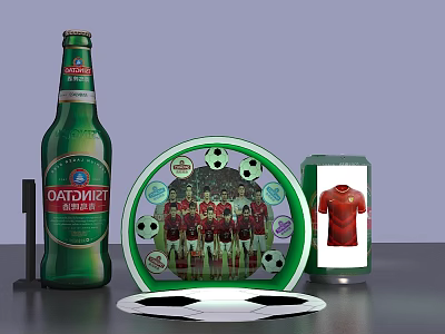 Football Themed Photo Spot with Tsingtao Beer Bottle Team Photo Display And Red Jersey 3d model