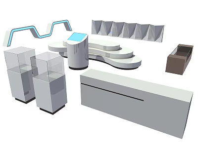 Modern Display Furniture Set With Curved Stands Transparent Cases Gray Counter And Brown Cabinet 3d model
