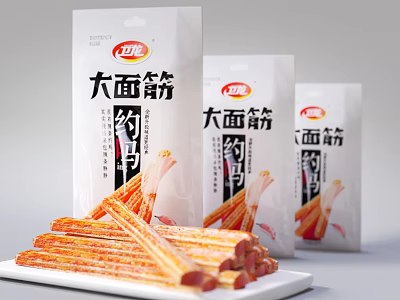 Weilong Big Gluten Spicy Strips Tasty Snack Food With Packaging Bags On Plate 3d model