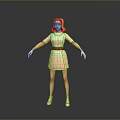 3D Game Movie Character With Red Hair Headband Beige Dress And White Shoes