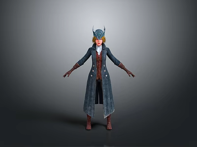 Woman Wearing Blue Headpiece Long Coat Red Vest Brown Gloves And Boots 3d model